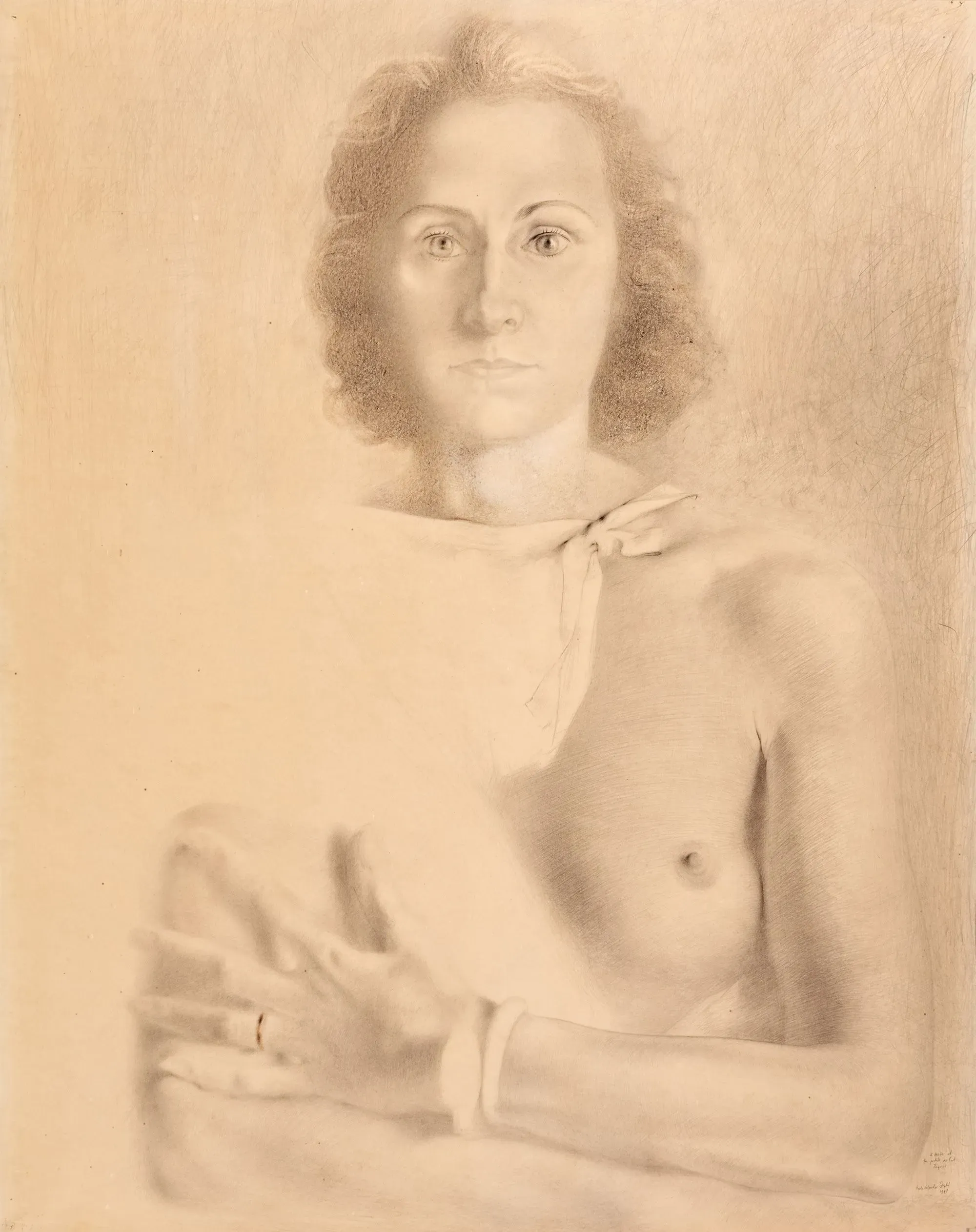 لوحة فنية تظهر امرأة شابة بجسد عاري جزئيًا، تحمل خاتمًا في يدها، تعكس أسلوب الفن السريالي وتاريخ المجموعة الفنية المذهلة لكاربيداس.