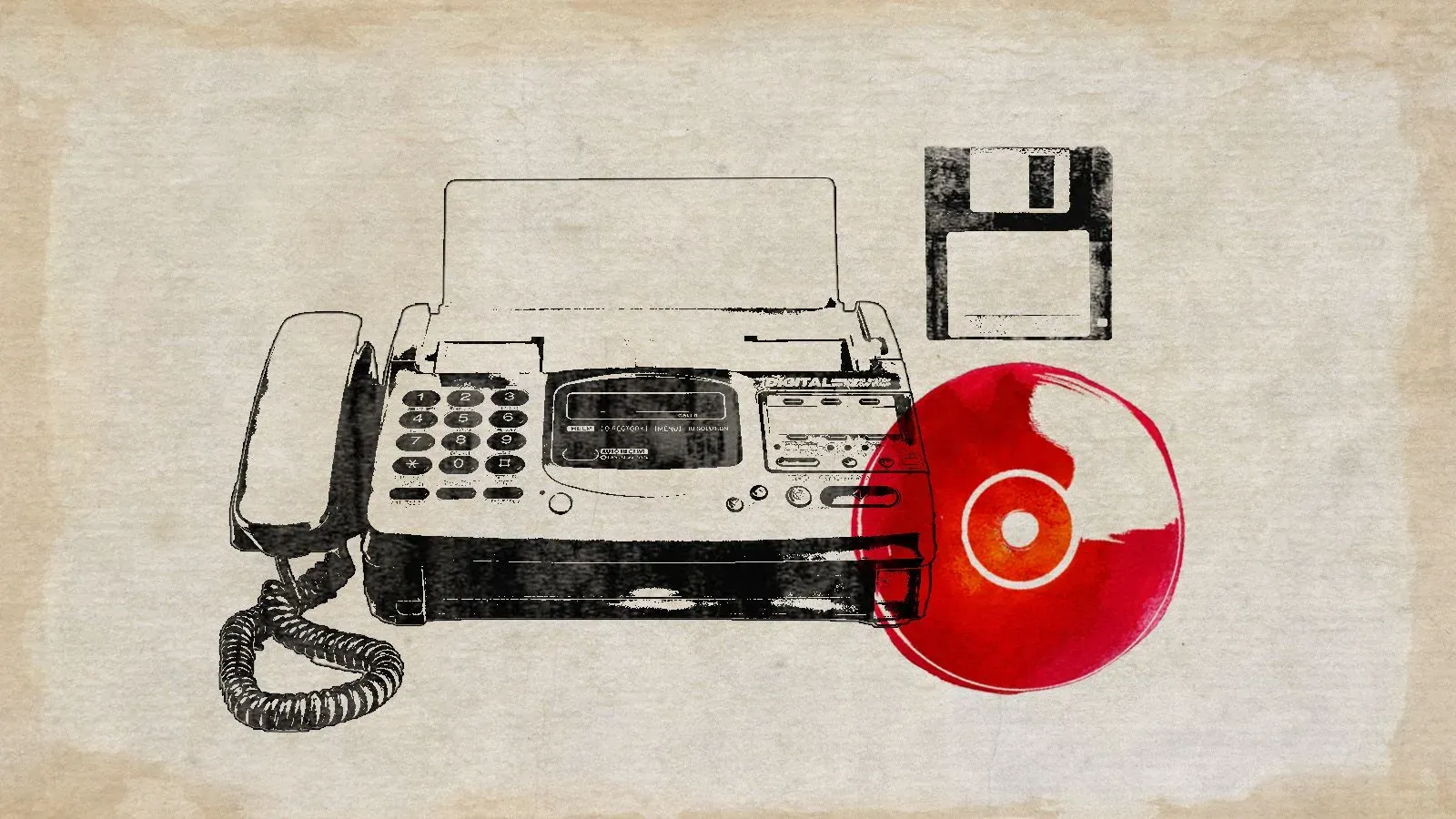 جهاز فاكس قديم مع قرص مرن وأسطوانة، يعكس التحديات التكنولوجية التي تواجه اليابان في عصر الرقمنة.