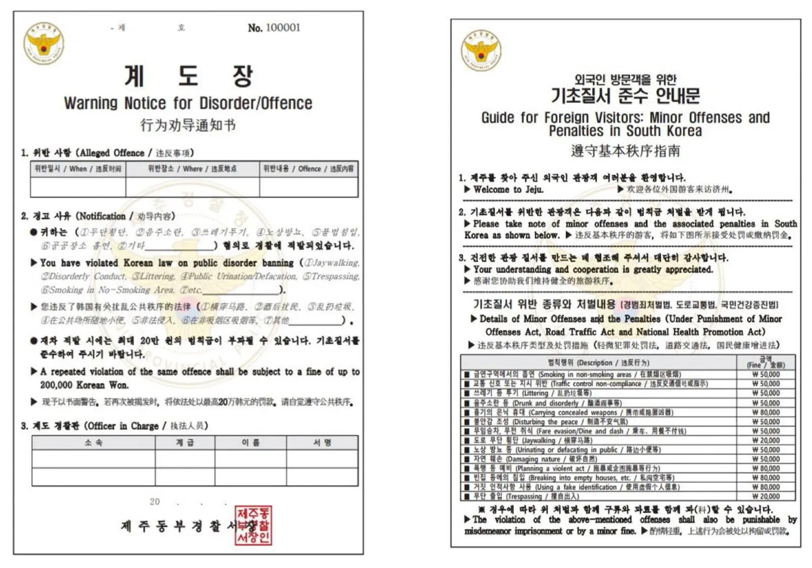 دليل إرشادي متعدد اللغات لجزيرة جيجو يحذر السياح الأجانب من المخالفات والعقوبات المتعلقة بالسلوك غير المنضبط.
