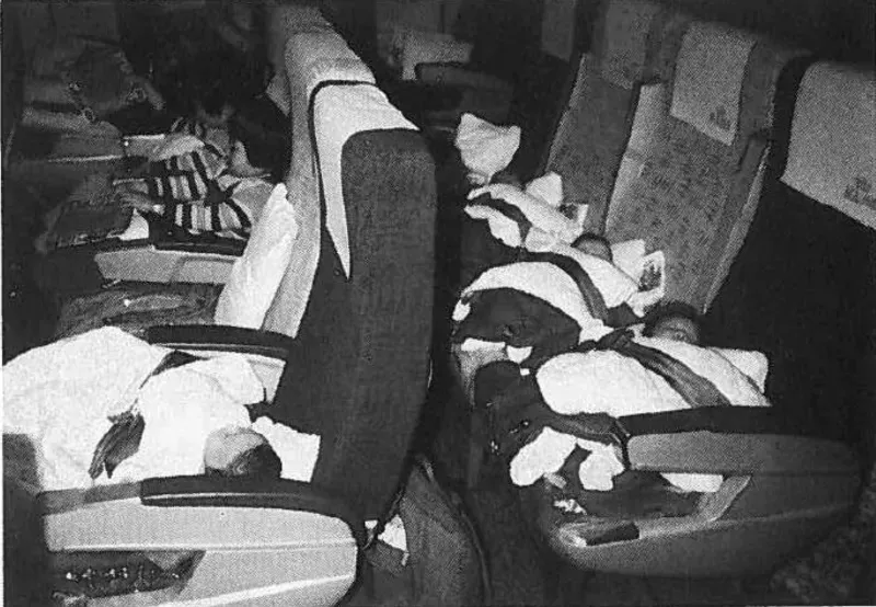 صورة لأطفال رضع ملفوفين في بطانيات، نائمين على مقاعد طائرة، تعكس مأساة عمليات التبني الجماعي في كوريا الجنوبية.