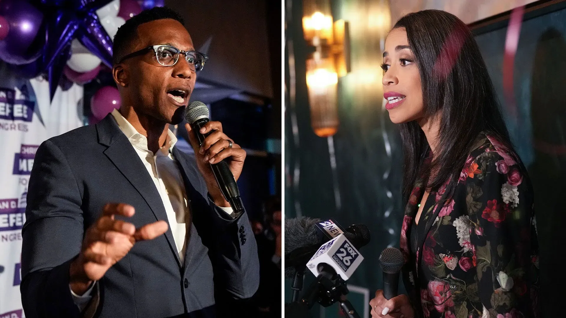 صورة تظهر إيريكا لي كارتر وسيلفستر تيرنر يتحدثان في فعاليات انتخابية، مع خلفية تحمل بالونات وألوان تشير إلى الحملات السياسية.