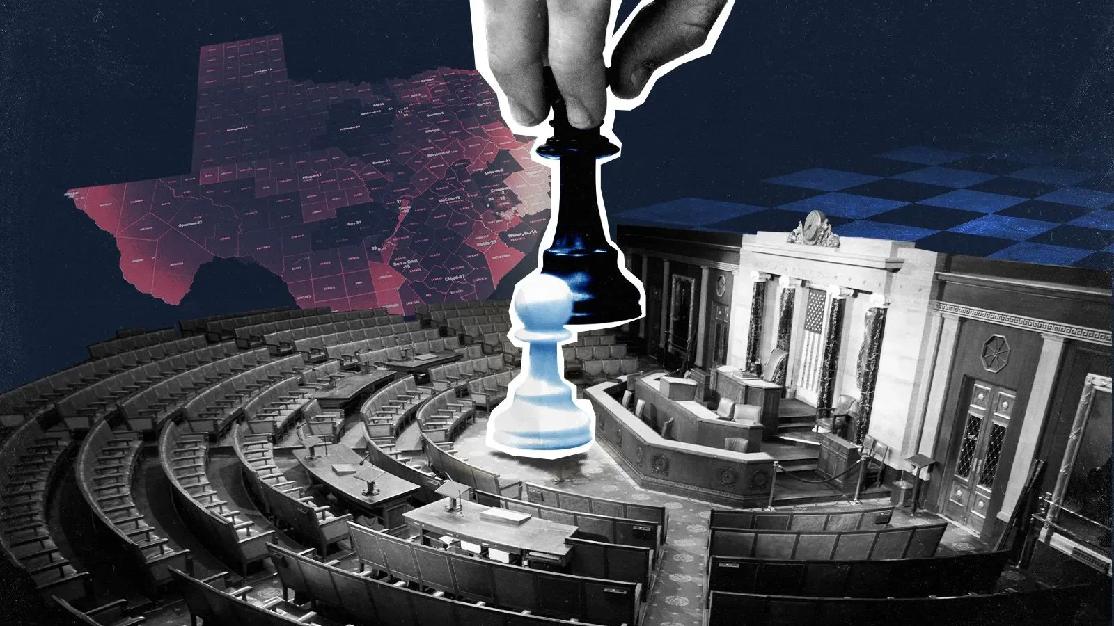 صورة تعبيرية تظهر لعبة شطرنج مع يد تتحكم في قطعة، بينما الخلفية تتضمن خريطة لولاية تكساس، تمثل الصراع السياسي في الدائرة الثامنة عشرة.