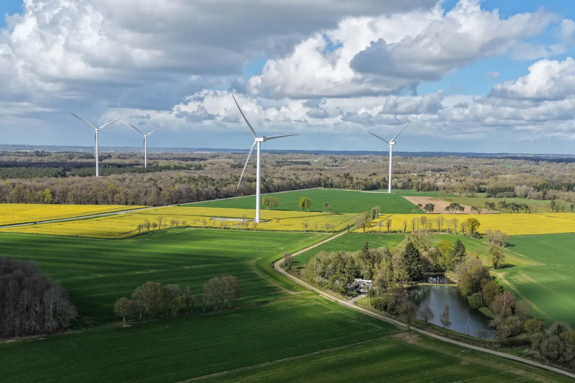 منظر طبيعي واسع يظهر مزارع الرياح في منطقة خضراء، مع سماء زرقاء ملبدة بالغيوم. يعكس الصورة أهمية الطاقة المتجددة في المستقبل.
