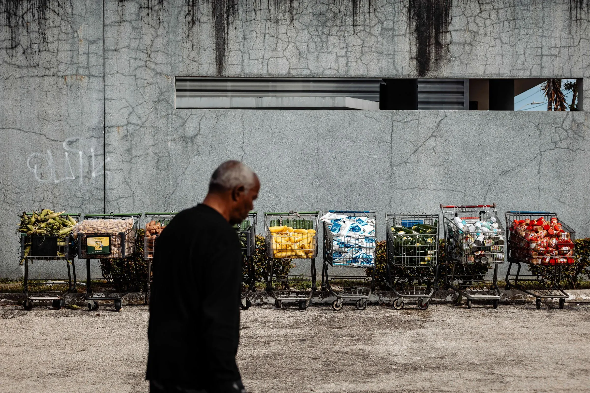 رجل يسير بجوار عربات تسوق مملوءة بالخضروات والمعلبات، تعكس تأثير الإغلاق الحكومي على الأمن الغذائي في الولايات المتحدة.