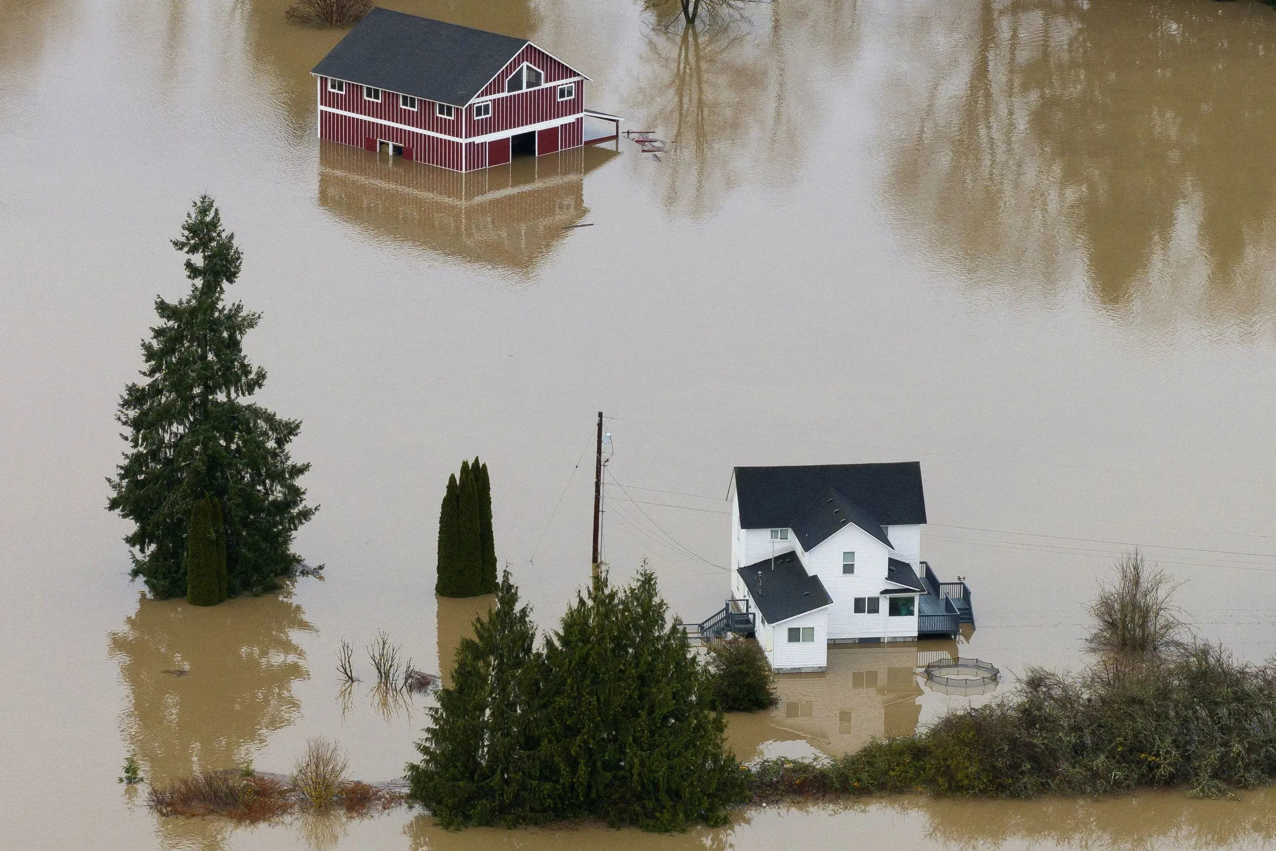 منازل غارقة في مياه الفيضانات في شمال غرب المحيط الهادئ، مع ارتفاع مستوى المياه حول الأشجار، مما يعكس تأثير الطقس القاسي.