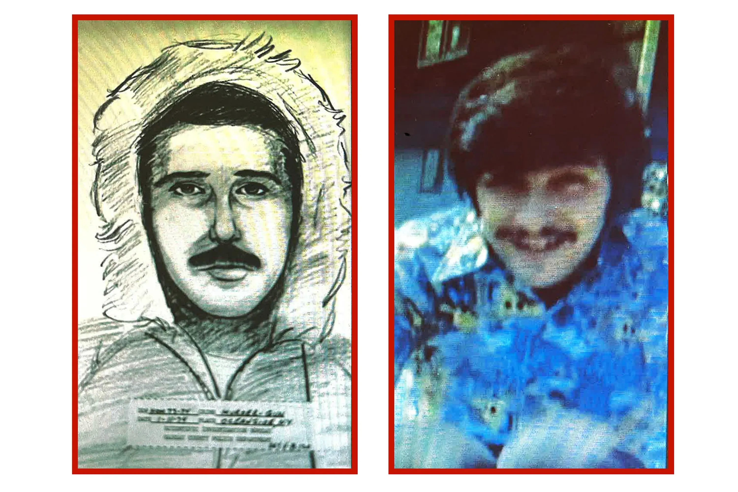 رسم تخطيطي لرجل يرتدي معطفًا ثقيلًا بغطاء رأس، وصورة له في قميص مزخرف، مرتبطين بقضية قتل باربرا والدمان.