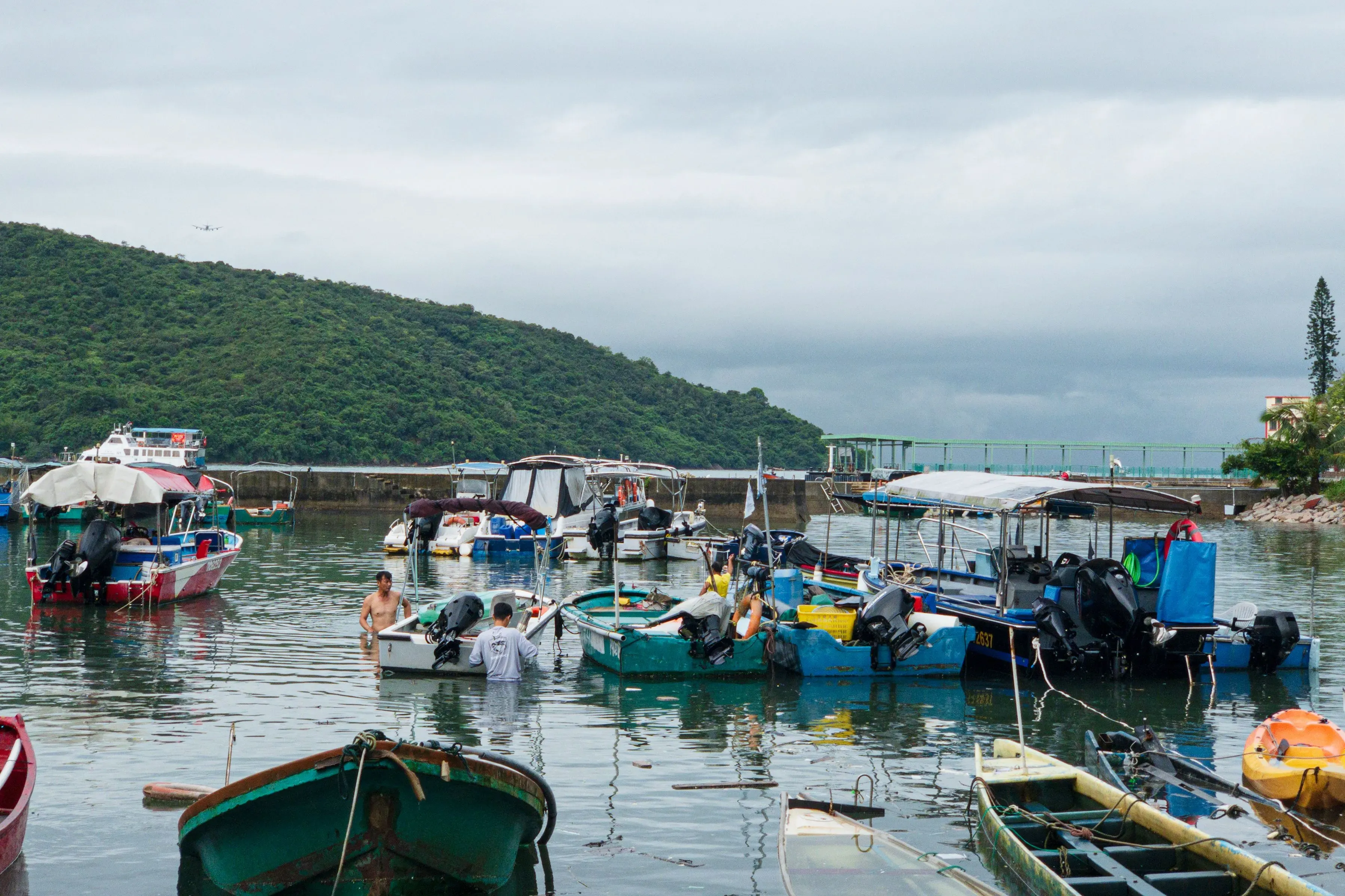 قوارب صيد راسية في ميناء هادئ، مع أشخاص يعملون على صيانتها، وخلفهم تلال خضراء في ظل سماء غائمة، في سياق الإعصار ناندو.