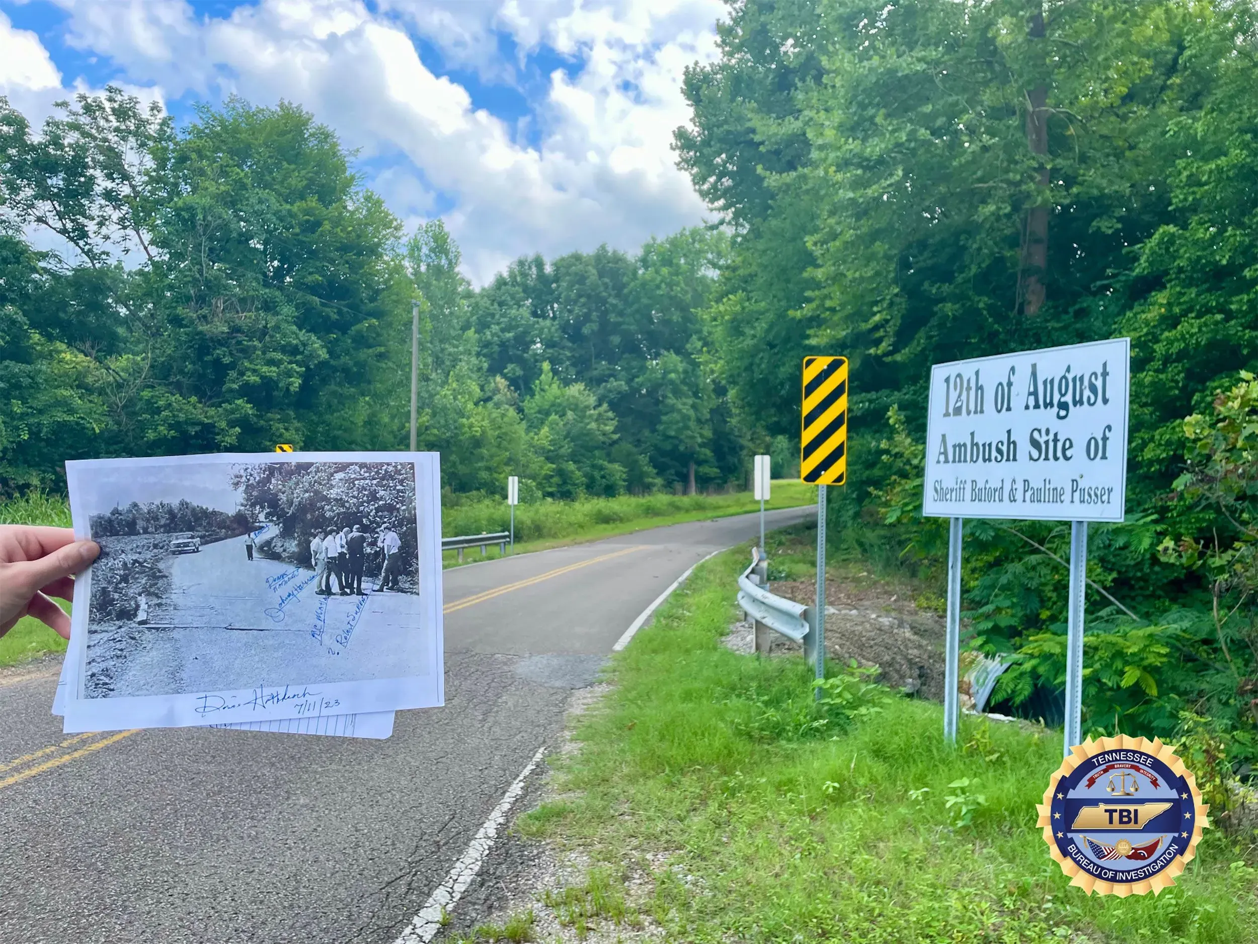 موقع كمين 12 أغسطس حيث تعرض المأمور بوفورد بوسر وزوجته بولين لإطلاق نار، مع صورة تاريخية تُظهر الحادث.