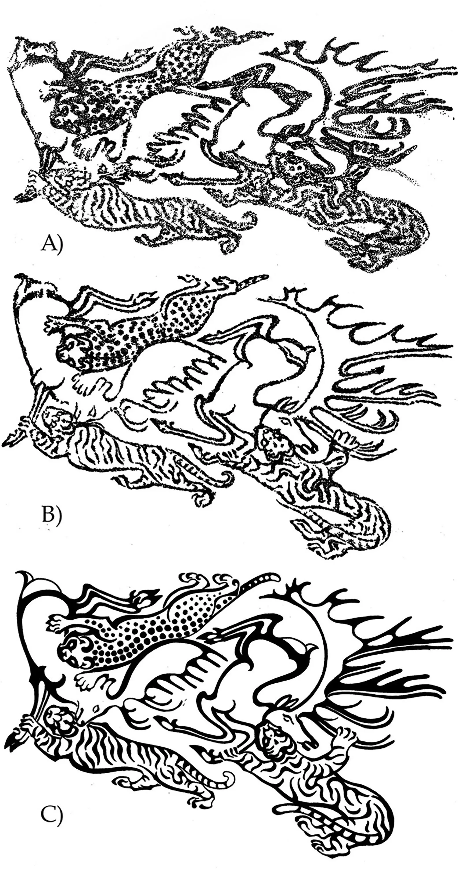 تصاميم معقدة لوشوم تاريخية تظهر ثلاثة أنماط مختلفة، تعكس مهارة فناني الوشم في ثقافة بازيريك خلال العصر الحديدي.