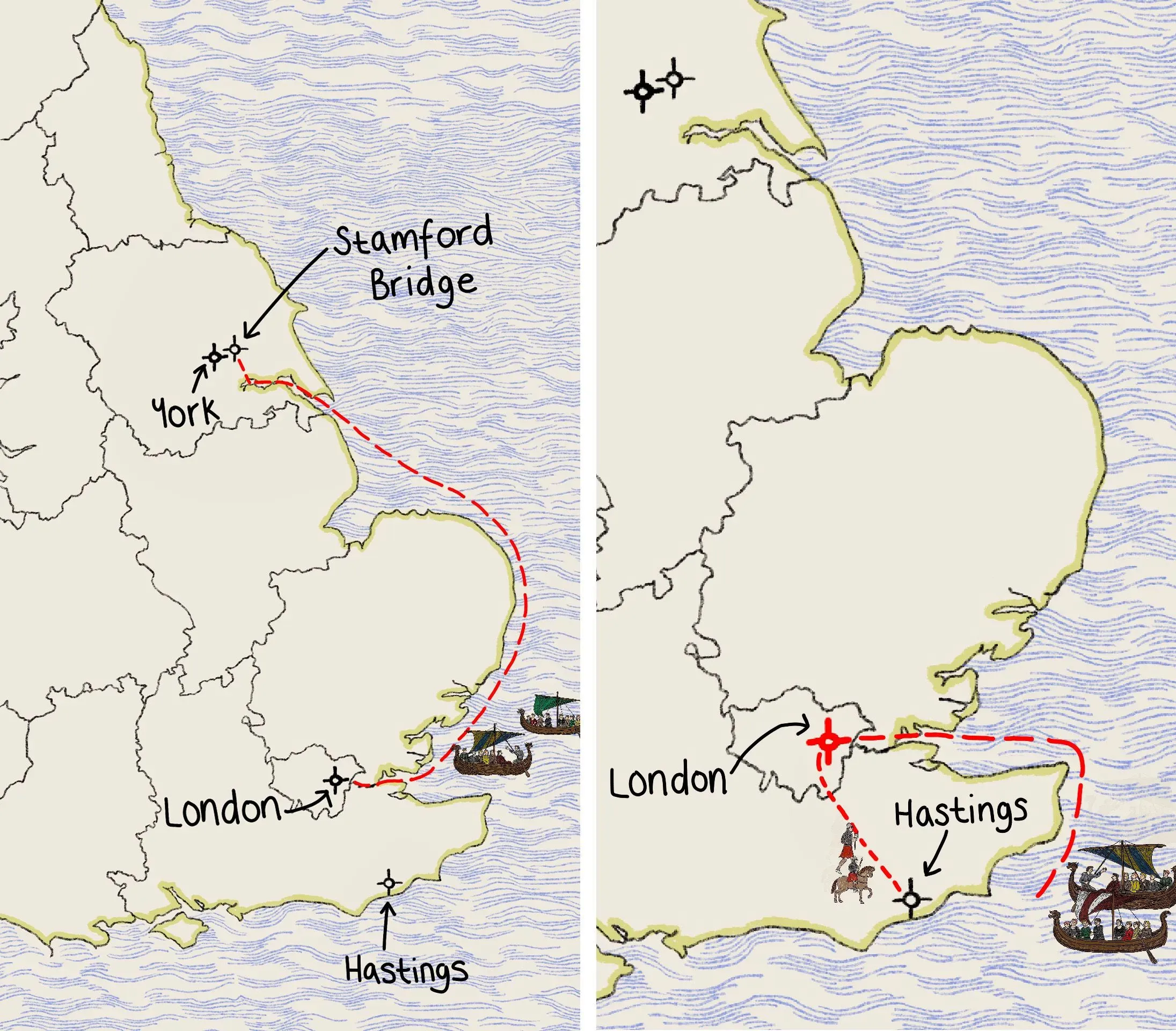 خريطة توضح المسار الذي اتبعه الملك هارولد من ستامفورد بريدج إلى هاستينغز، مع الإشارة إلى المدن الرئيسية مثل يورك ولندن.