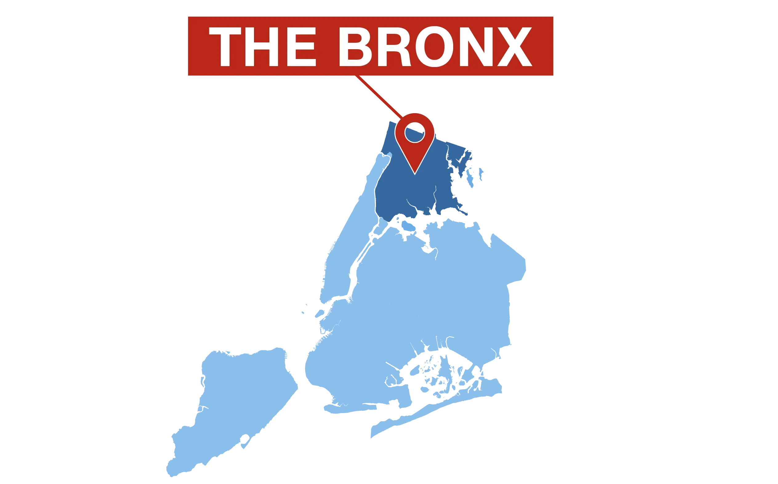 خريطة توضح موقع منطقة برونكس في مدينة نيويورك، مع تسليط الضوء على المنطقة. تعكس التنوع الثقافي والسياسي للمدينة.