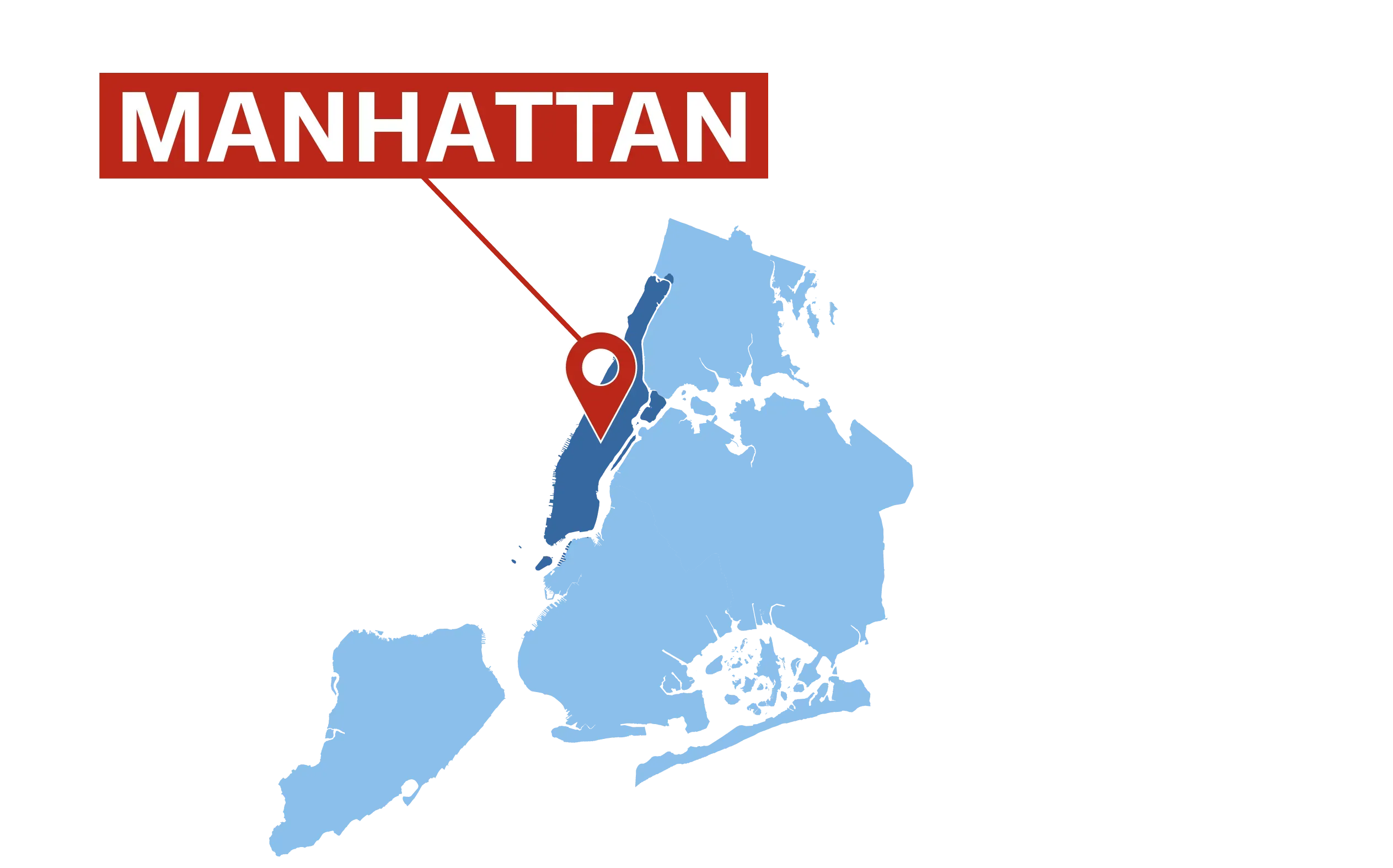 خريطة توضح موقع مانهاتن في مدينة نيويورك، مع علامة تشير إلى الموقع. تعكس الصورة أهمية المدينة كقوة ثقافية ومالية.
