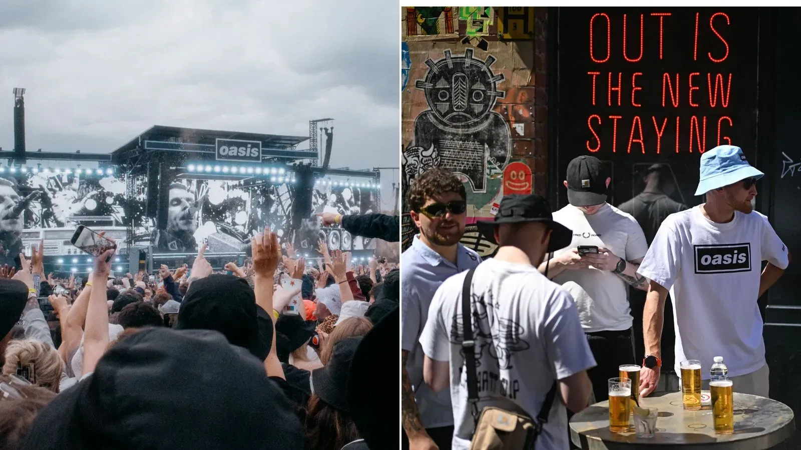 حشود كبيرة تستمتع بعرض فرقة أويسيس في ملعب مفتوح، مع لافتة "Oasis" مضاءة، بينما يرتدي بعض المعجبين قمصان تحمل نفس الاسم.