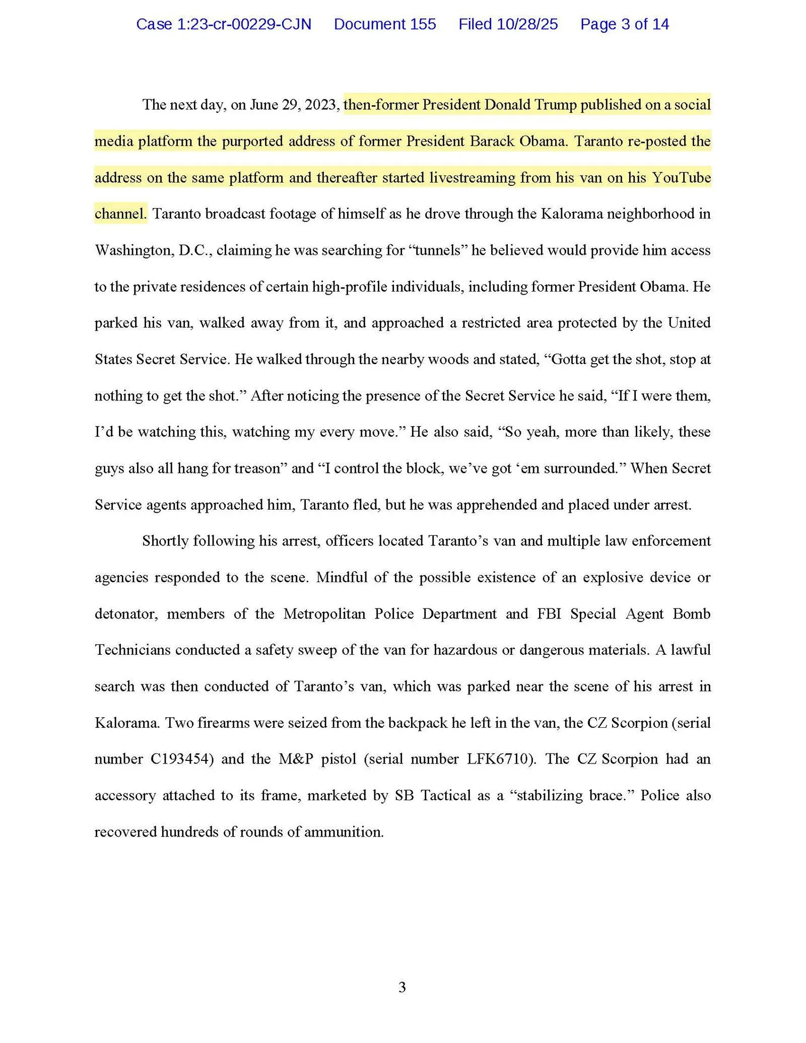 تظهر الوثيقة القانونية تفاصيل اعتقال تايلور تارانتو في يونيو 2023 بعد نشره عنوان أوباما، مع الإشارة إلى الأسلحة التي تم ضبطها.