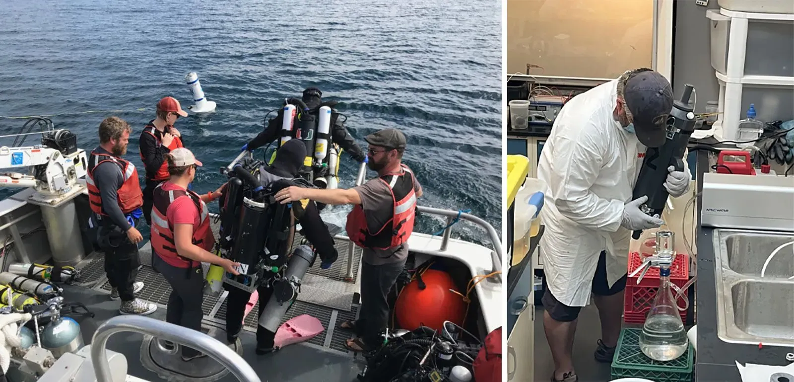 فريق من الغواصين يستعد للغوص في المياه الاستوائية، مع معدات الغوص على متن قارب، لاستكشاف حطام طائرة جرومان أفنجر في سايبان.