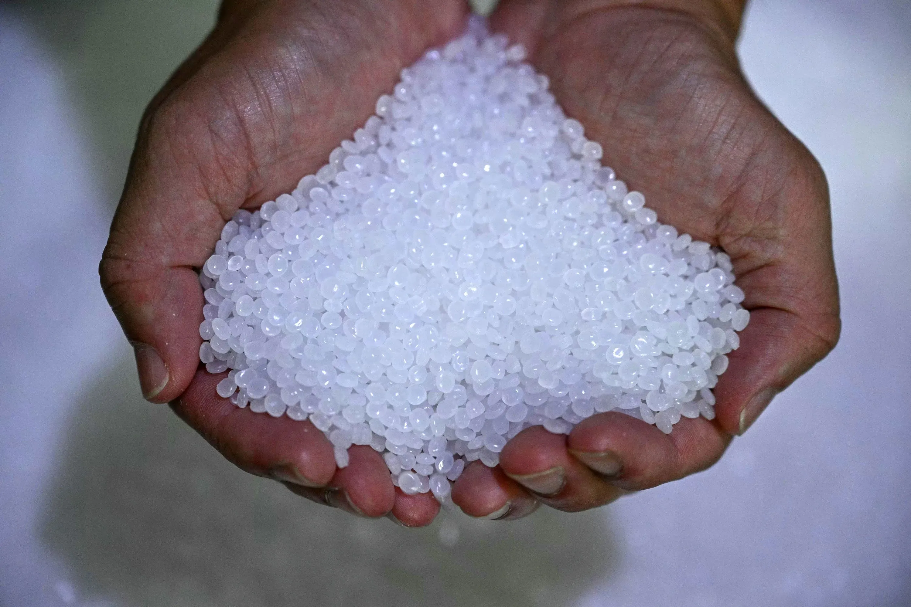 حبيبات بلاستيكية شفافة في يد، تمثل المواد الخام المستخدمة في تصنيع البلاستيك، مع تزايد أسعارها بسبب ارتفاع أسعار النفط.