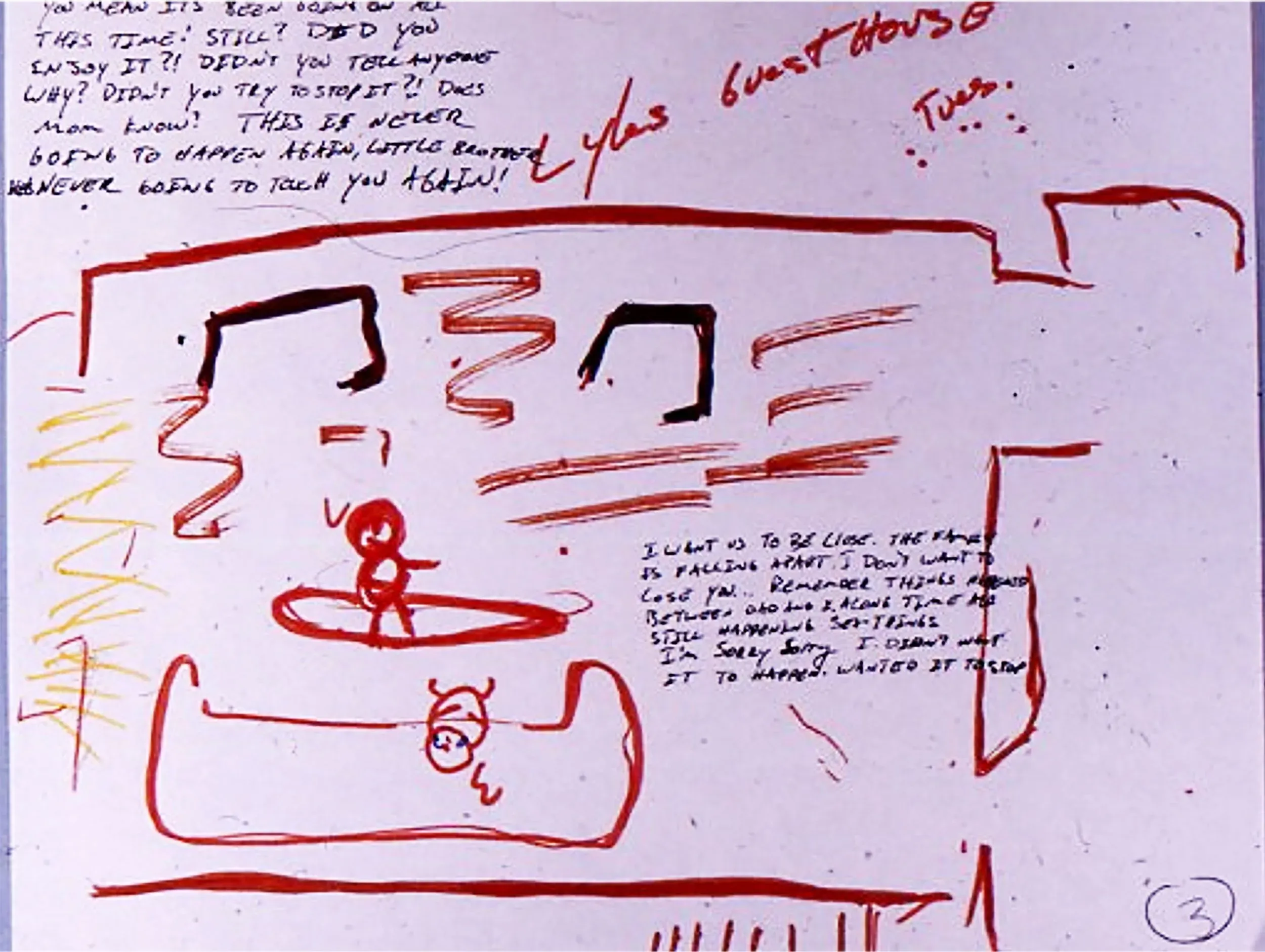 رسم توضيحي لأفكار إريك مينينديز، يظهر أشكالاً بسيطة مع نص يعبر عن مشاعر الندم والخوف، مرتبط بقضية قتل والديه.