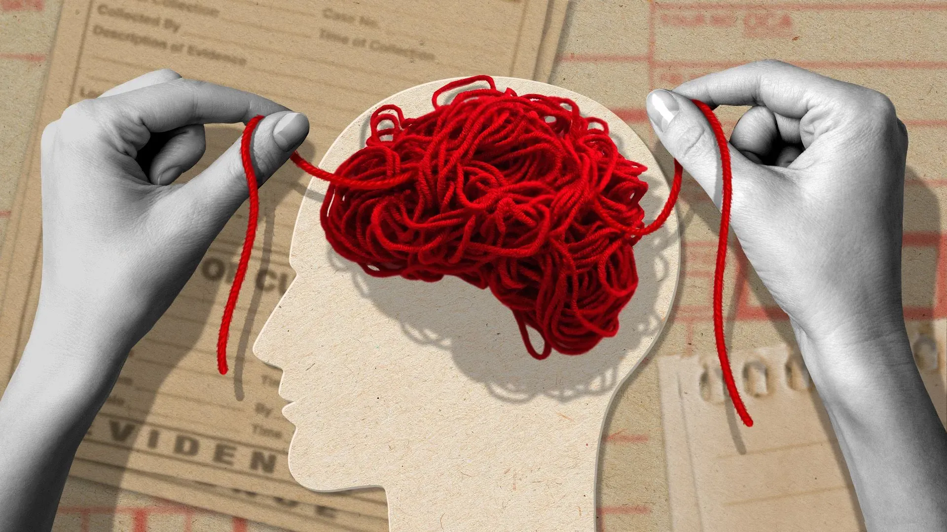 صورة توضح يدين تحاولان فك خيوط حمراء تمثل عقل إنسان، مع خلفية تحتوي على مستندات قانونية، تعبيراً عن دراسة النفس الإجرامية.
