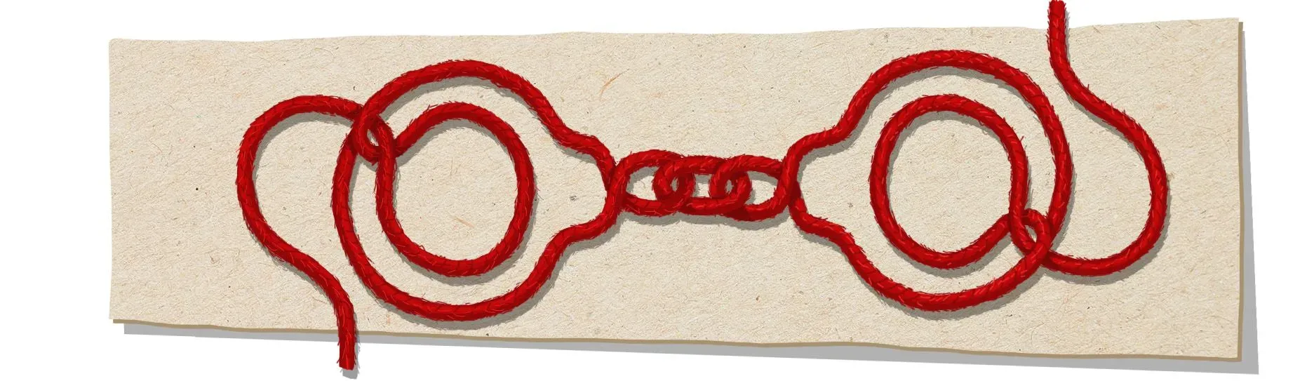 خيط أحمر يشكل أصفادًا متصلة، موضوع على ورقة بيج. يرمز إلى موضوع الجريمة والتحقيقات النفسية في المقالة.