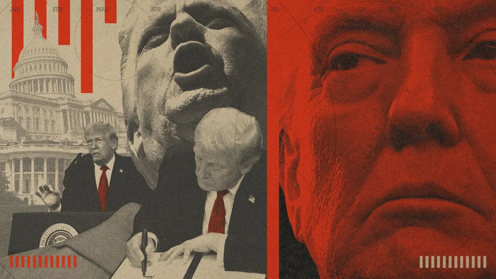 صورة فنية تظهر الرئيس دونالد ترامب أثناء حديثه في مؤتمر صحفي، مع خلفية تعكس التوتر السياسي، مما يبرز تأثيره على الحكومة الفيدرالية.