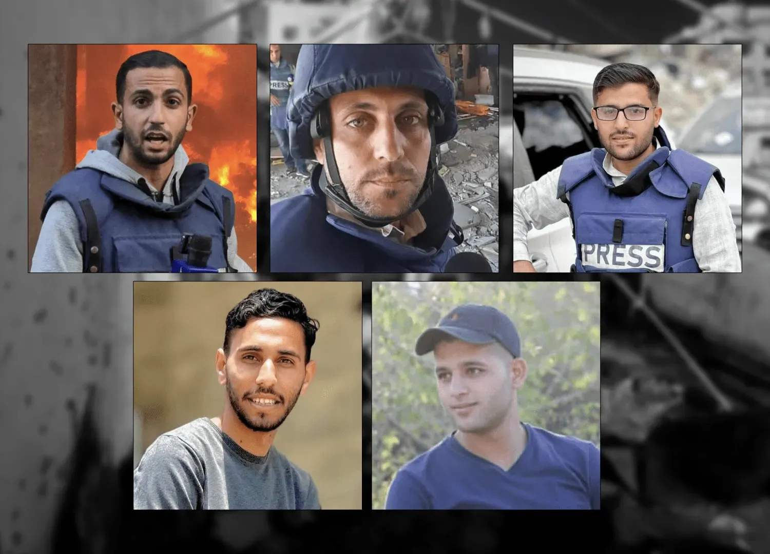 صور لخمسة صحفيين فلسطينيين قُتلوا في غارة إسرائيلية على غزة، مع التركيز على أهمية حرية الصحافة والمساءلة عن الجرائم ضد الإنسانية.