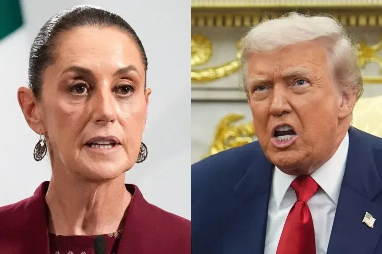 صورة تظهر كلوديا شينباوم ودونالد ترامب، حيث يتبادلان التصريحات حول النزاع الحدودي وتجارة المخدرات بين الولايات المتحدة والمكسيك.