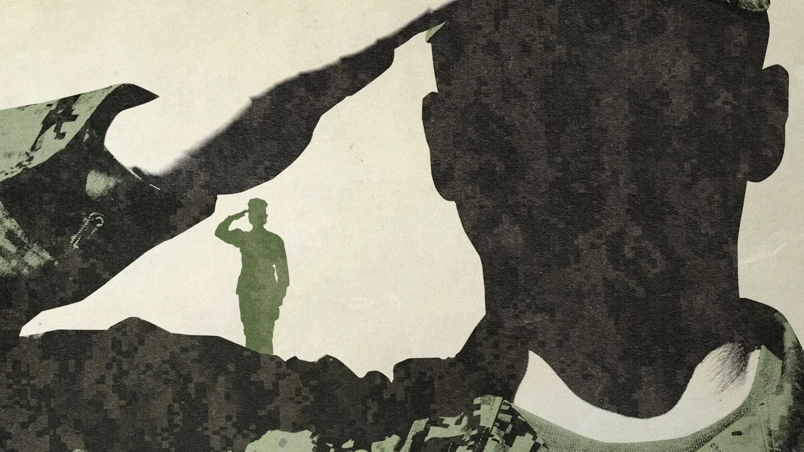 صورة تعبيرية تظهر ضابطًا عسكريًا يؤدي التحية، مع تداخل صورته مع خلفية عسكرية، تعكس تحديات النساء في القيادة العسكرية.