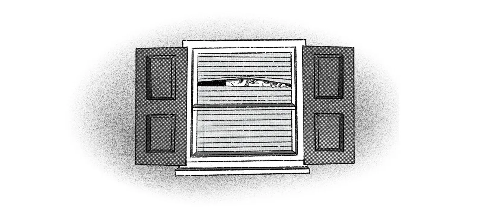 نافذة مفتوحة مع ستائر مغلقة جزئيًا، يظهر من خلالها شخص يراقب الخارج، مما يعكس شعور الخوف والقلق في سياق الهجرة.