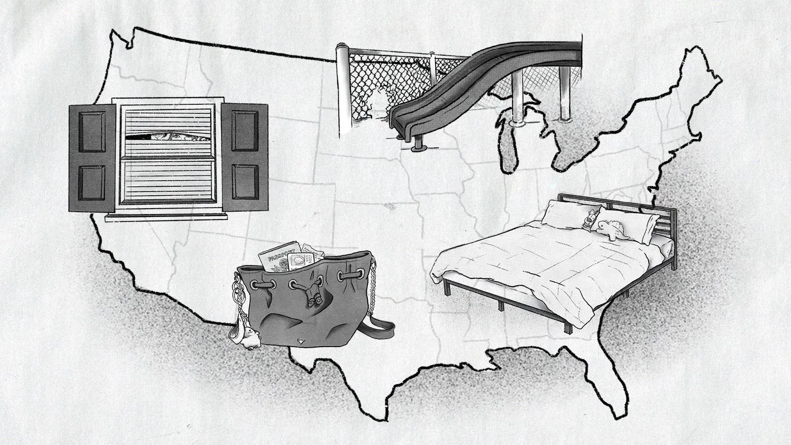 خريطة توضح مشاهد من الحياة اليومية في الولايات المتحدة، تشمل نافذة، زلاجة، سرير، وحقيبة، تعكس مخاوف الأطفال من الهجرة.