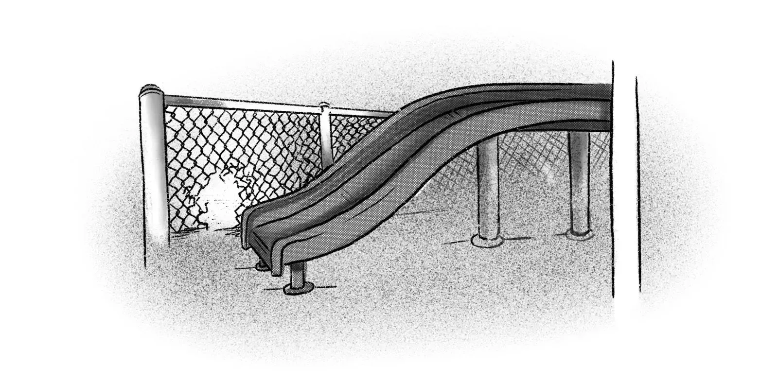 زلاقة في ملعب مدرسة، محاطة بسياج، تعكس أجواء القلق والخوف بين الأطفال بسبب وجود عملاء الهجرة الفيدراليين.