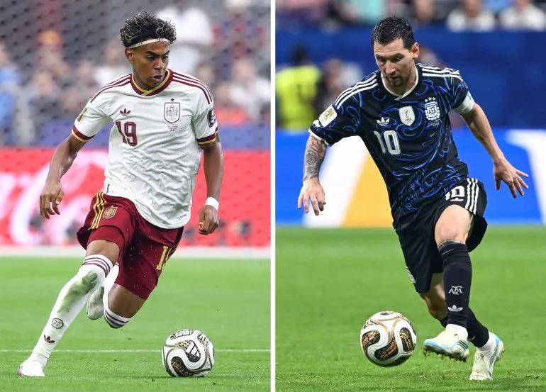 لاعب إسباني شاب يراوغ الكرة مقابل ليونيل ميسي قائد الأرجنتين في نهائي كأس العالم 2026 بنيو جيرسي.