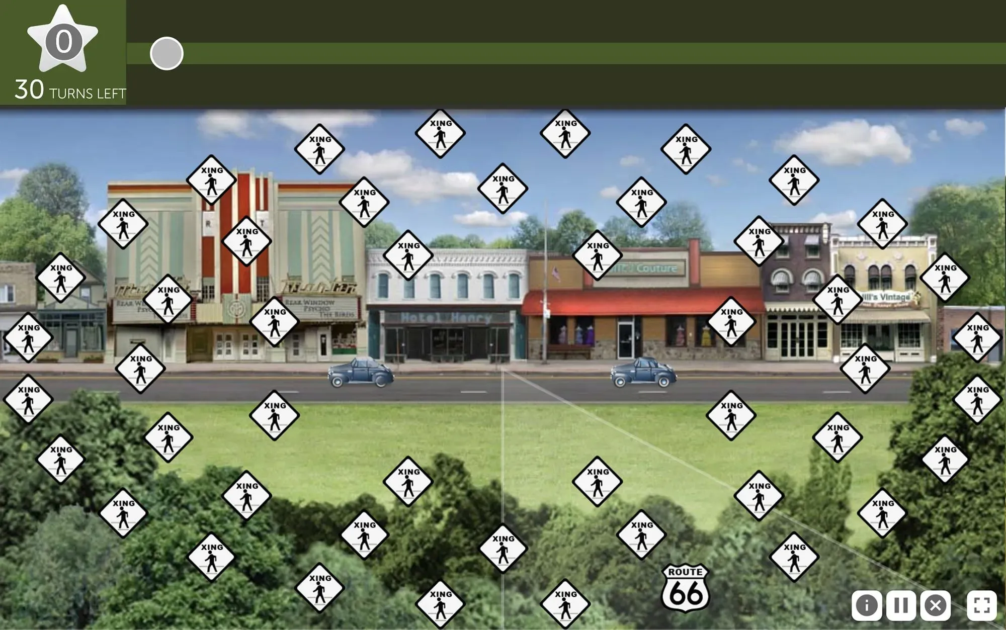 لعبة تفاعلية تعرض مشهدًا حضريًا مع مركبتين وعلامات طريق متداخلة، تركز على تحسين الانتباه وتقليل خطر الخرف لدى كبار السن.