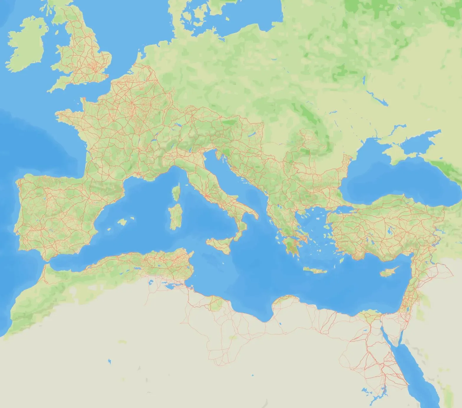 خريطة توضح شبكة الطرق الرومانية القديمة الممتدة عبر أوروبا وشمال إفريقيا، تسلط الضوء على 100,000 كيلومتر من الطرق التاريخية.