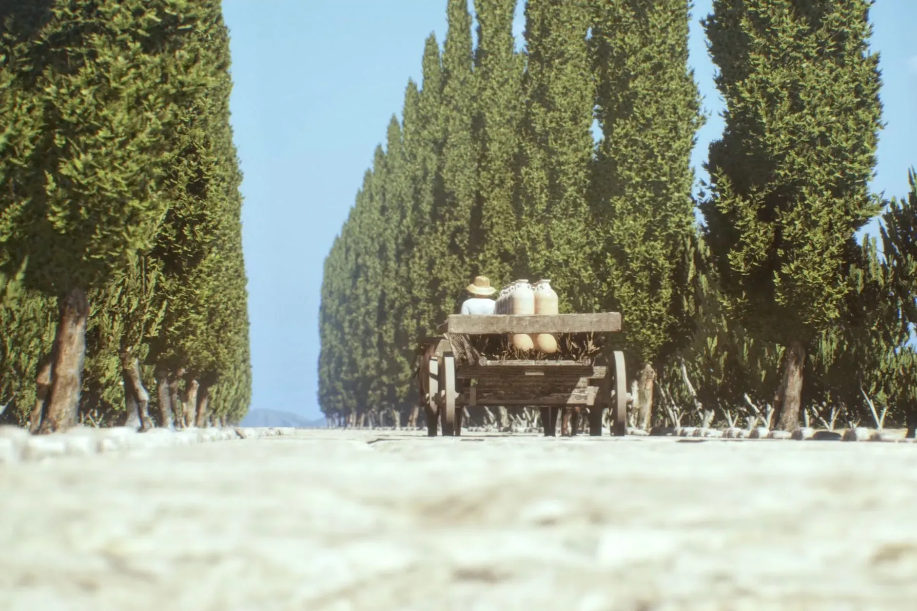 عربة قديمة تسير على طريق مرصوف، محاطة بأشجار السرو، تعكس وسائل النقل في الإمبراطورية الرومانية القديمة.