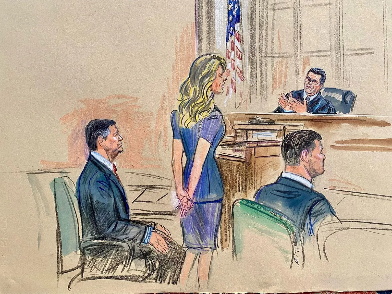 رسم توضيحي لجلسة محكمة تظهر المدعية العامة ليتيتيا جيمس تتحدث أمام القاضي، بينما يجلس جيمس كومي في الخلفية.