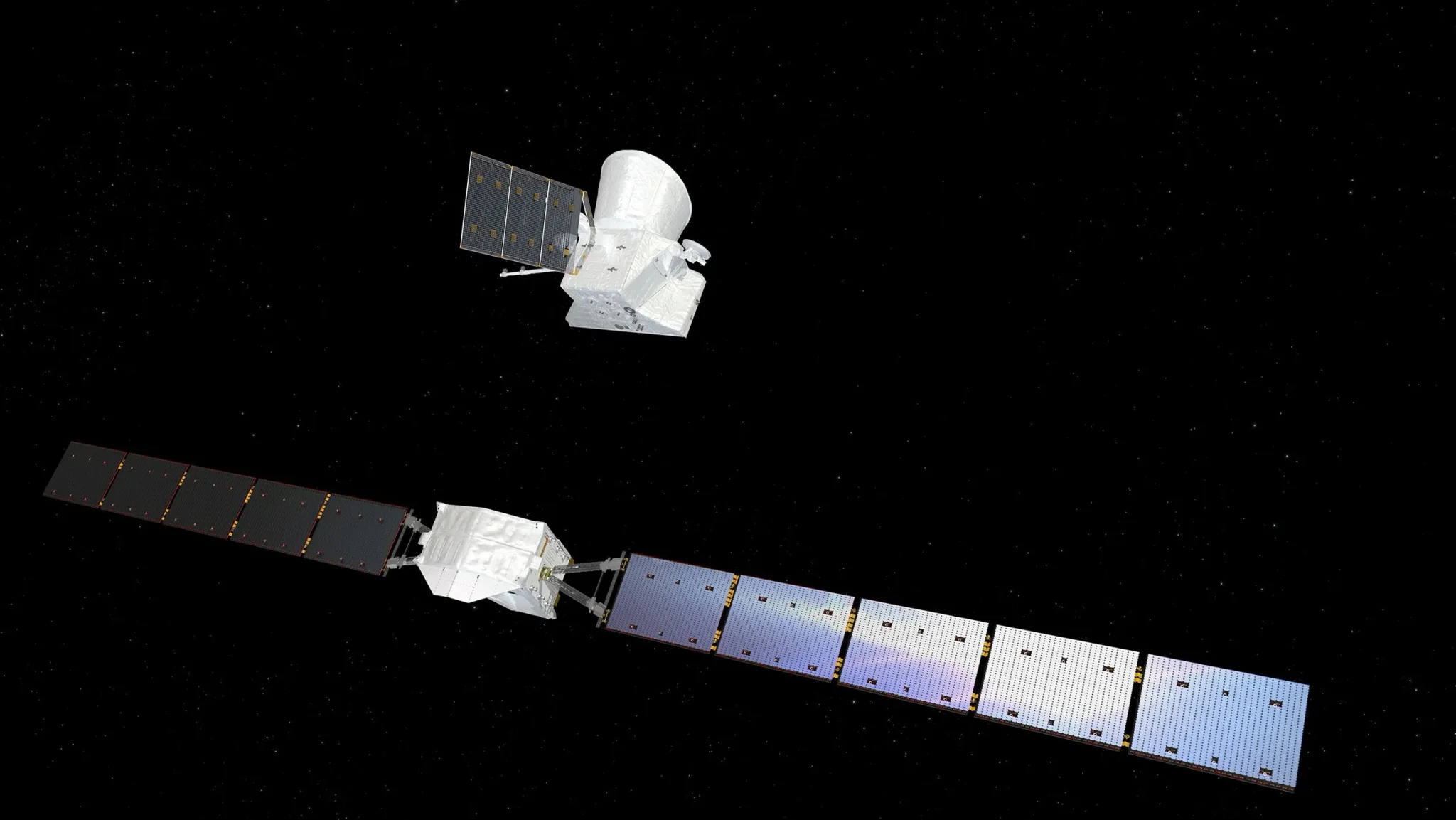 مركبتي BepiColombo الفضائيتين المنفصلتين، MPO وMIO، تحلقان في الفضاء استعداداً لدخول مدار عطارد ضمن مهمة ESA وJAXA لاستكشاف الكوكب الأقرب للشمس.