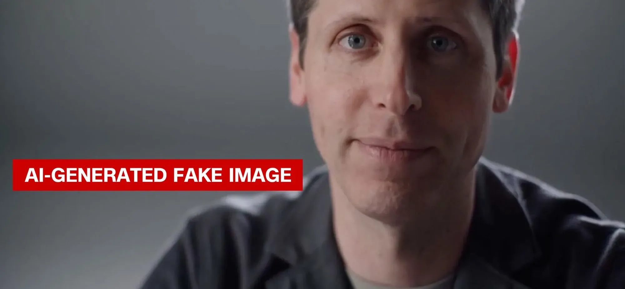 صورة لرجل مبتسم، مع نص يوضح أنها صورة مزيفة تم إنشاؤها بواسطة الذكاء الاصطناعي، مما يعكس التحديات المتعلقة بالمحتوى المزيف.