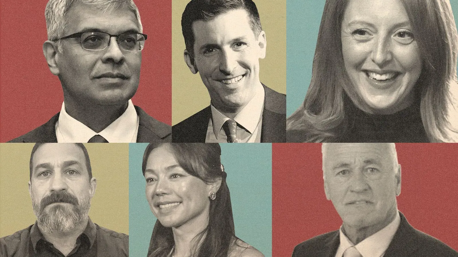 صورة تضم ستة أشخاص بارزين، بينهم أكاديميون ورجال أعمال، يرتبطون بحركة "اجعلوا أمريكا صحية مرة أخرى"، مع خلفيات ملونة.