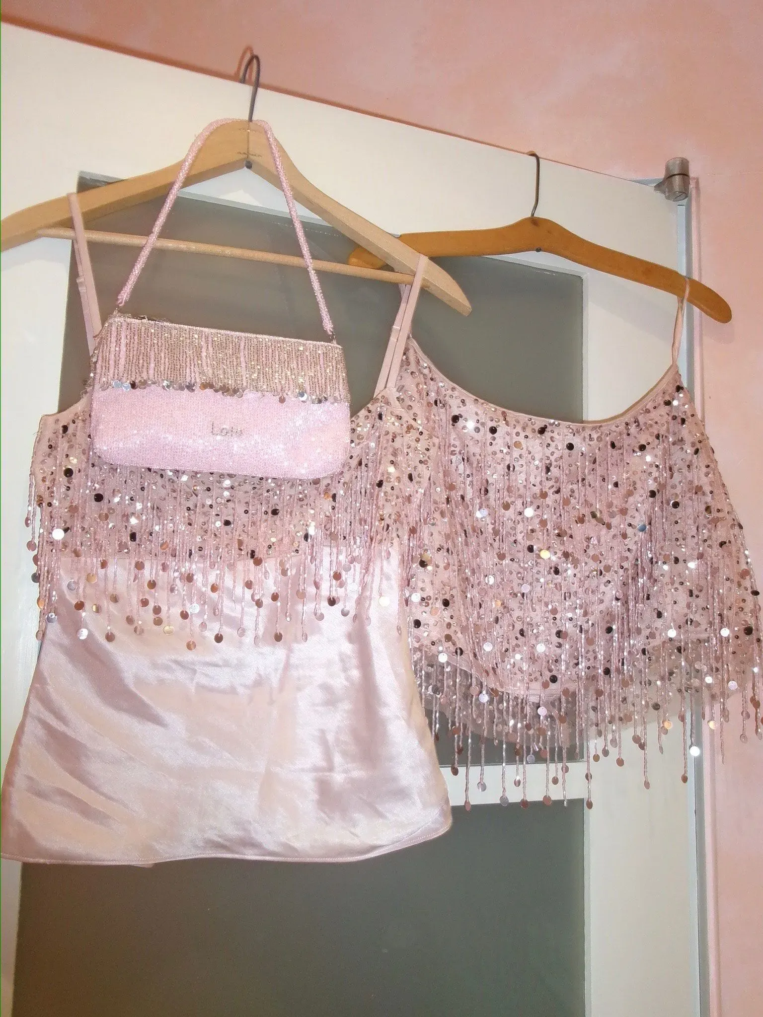 ملابس وإكسسوارات باللون الوردي تتضمن بلوزة مزينة بالخرز وحقيبة صغيرة، معلقين على شماعات في خلفية بسيطة، تعكس اتجاه تأجير الملابس.