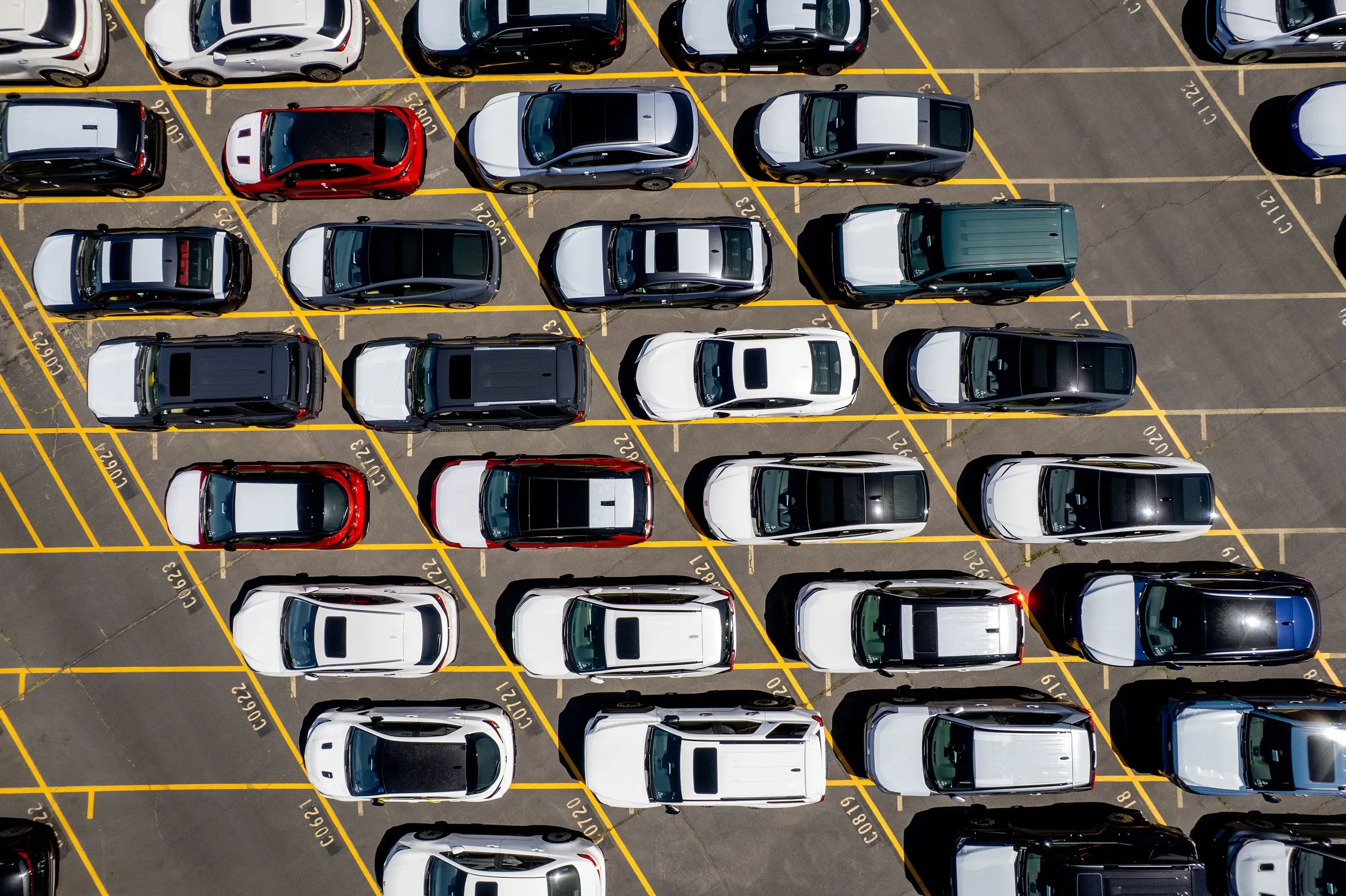 صورة توضح صفًا من السيارات في موقف سيارات، تتنوع ألوانها بين الأبيض والأسود والأحمر، مما يعكس تأثير الرسوم الجمركية على صناعة السيارات.
