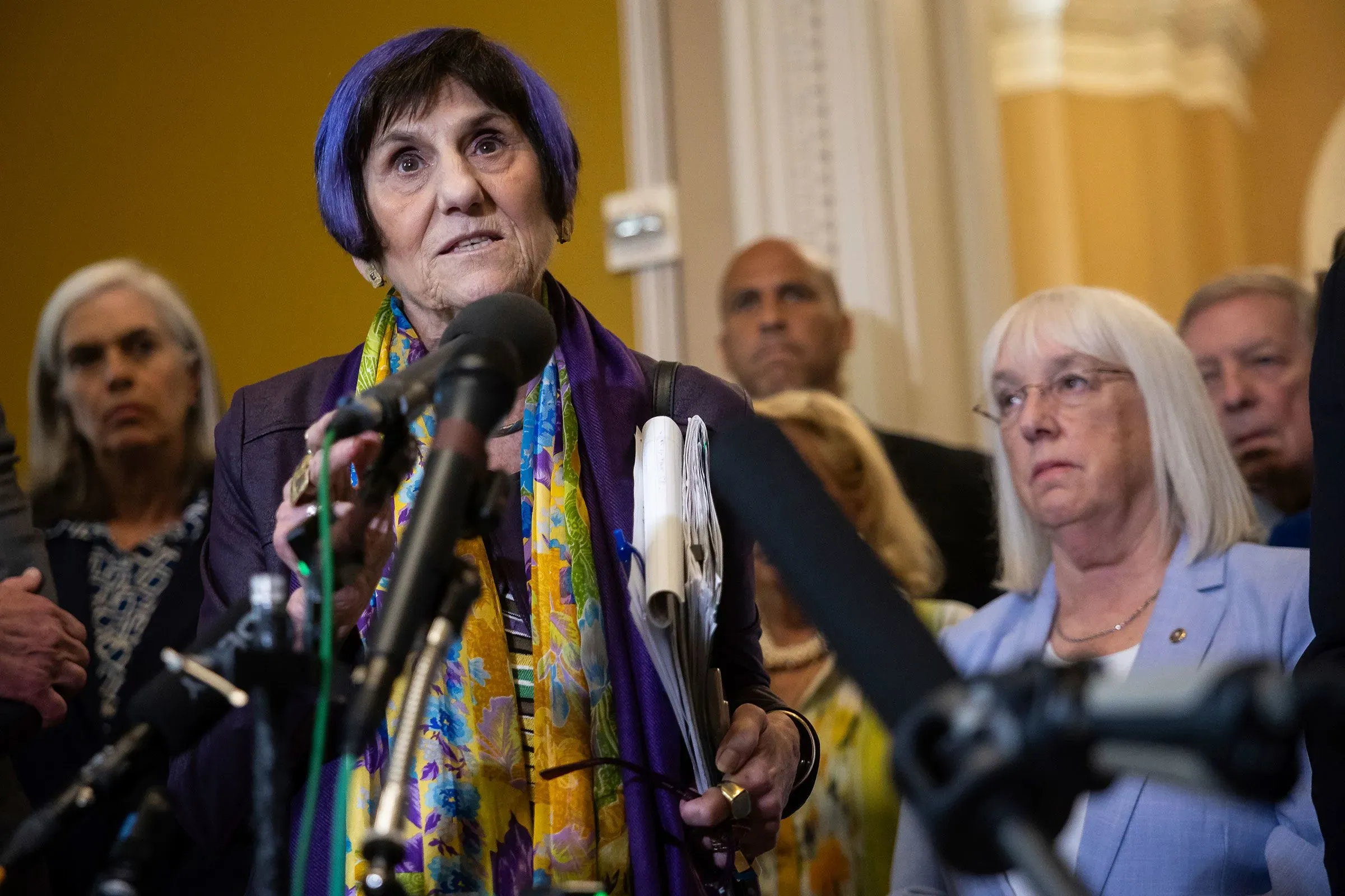 نائبة ديمقراطية تتحدث في مؤتمر صحفي، محاطة بزملائها، تعبر عن قلقها بشأن تجاوزات السلطة التنفيذية في ميزانية الحكومة.