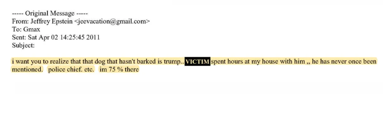 رسالة بريد إلكتروني من جيفري إبشتاين إلى غيسلين ماكسويل، تشير إلى دونالد ترامب، تتضمن تعليقات حول علاقتهما.
