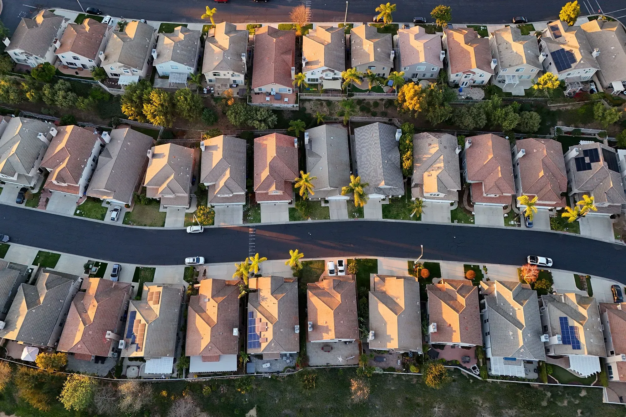 صورة جوية لحي سكني يظهر صفوفًا من المنازل مع أشجار ونباتات، تعكس التحديات الاقتصادية وتكاليف المعيشة في أمريكا.