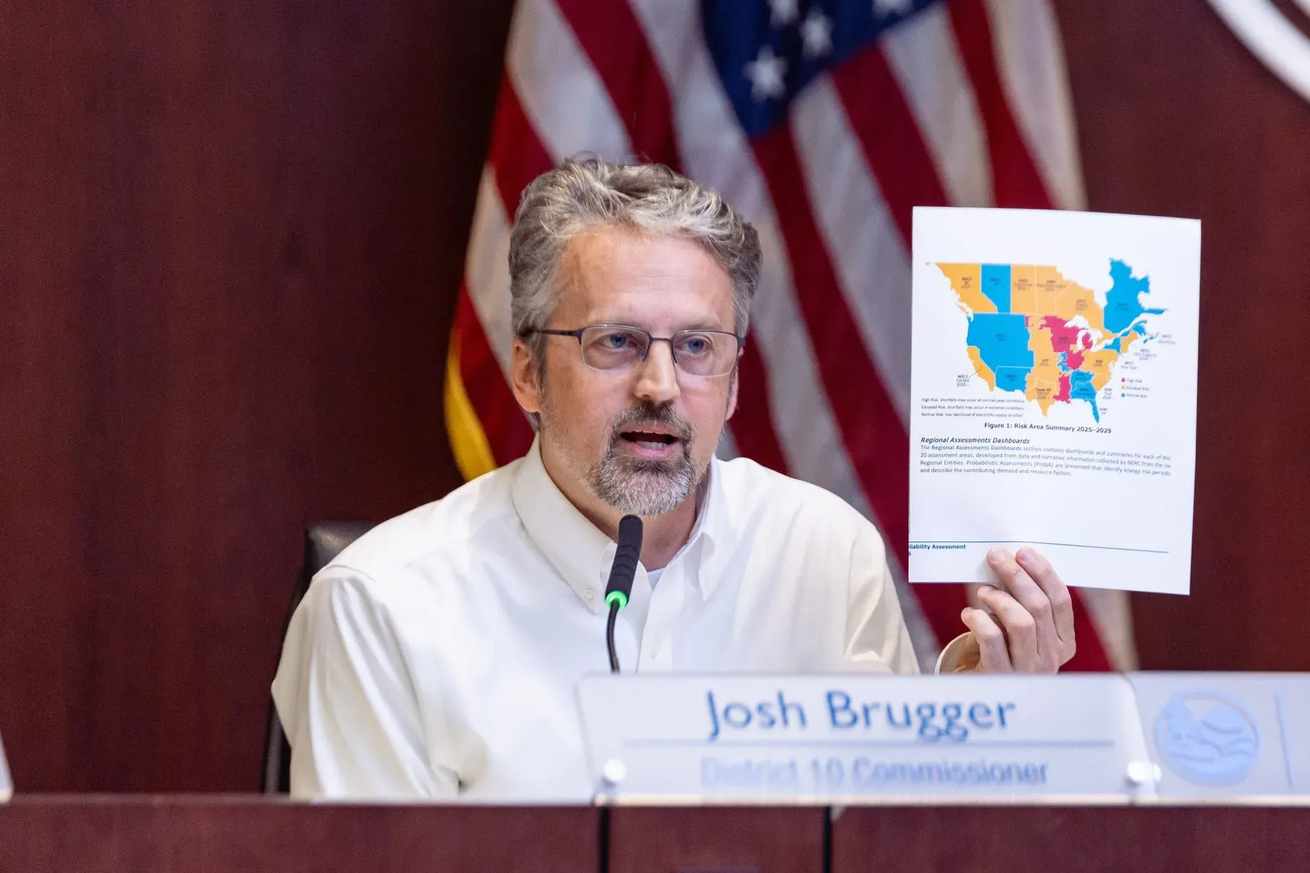 رجل يحمل ورقة تحتوي على خريطة ملونة أثناء اجتماع رسمي، مع العلم الأمريكي في الخلفية، يناقش قضايا الطاقة في ميشيغان.