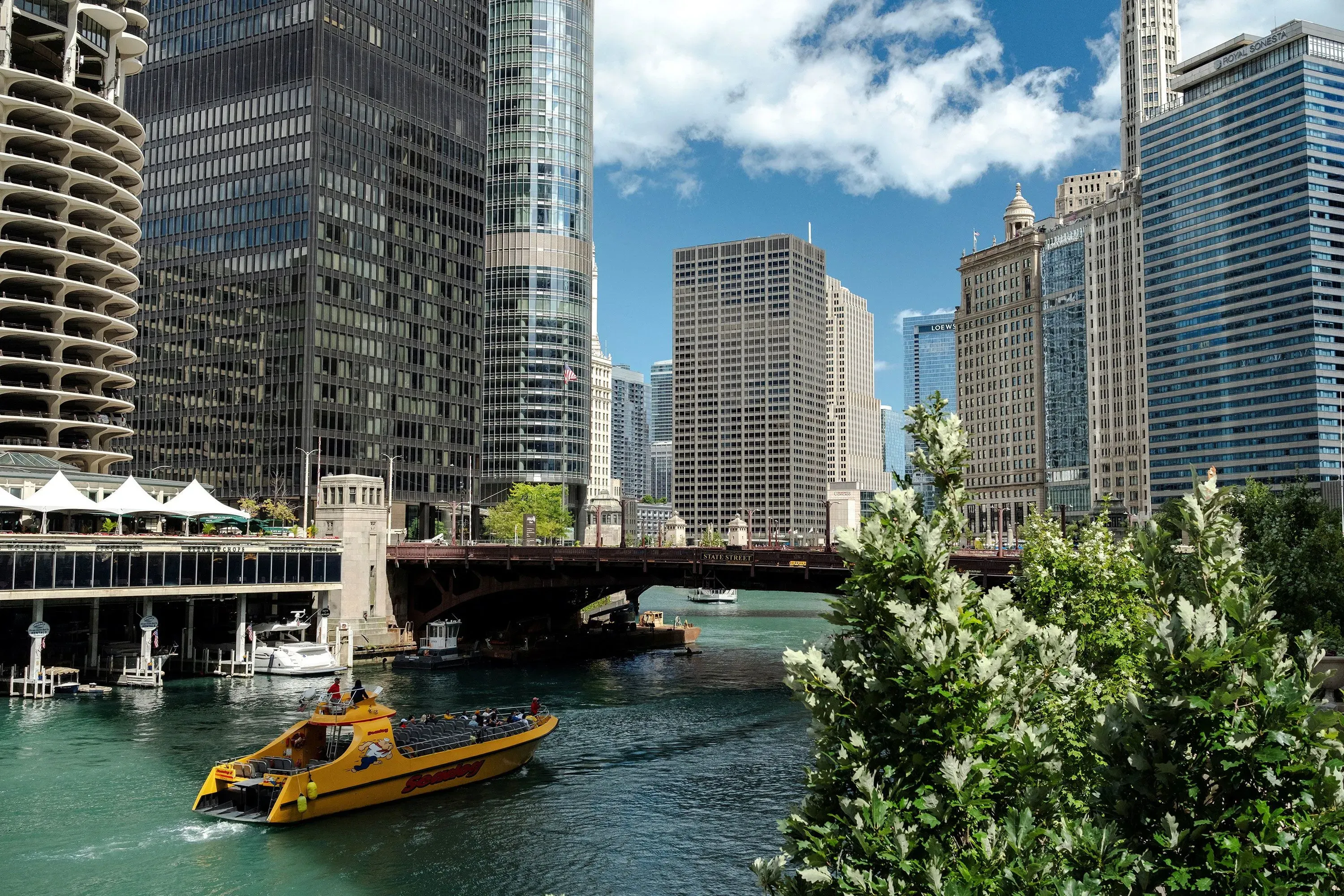 منظر لمدينة شيكاغو يظهر نهرها والعمارات الشاهقة، مع قارب أصفر يبحر تحت جسر، مما يعكس التوترات السياسية الحالية.