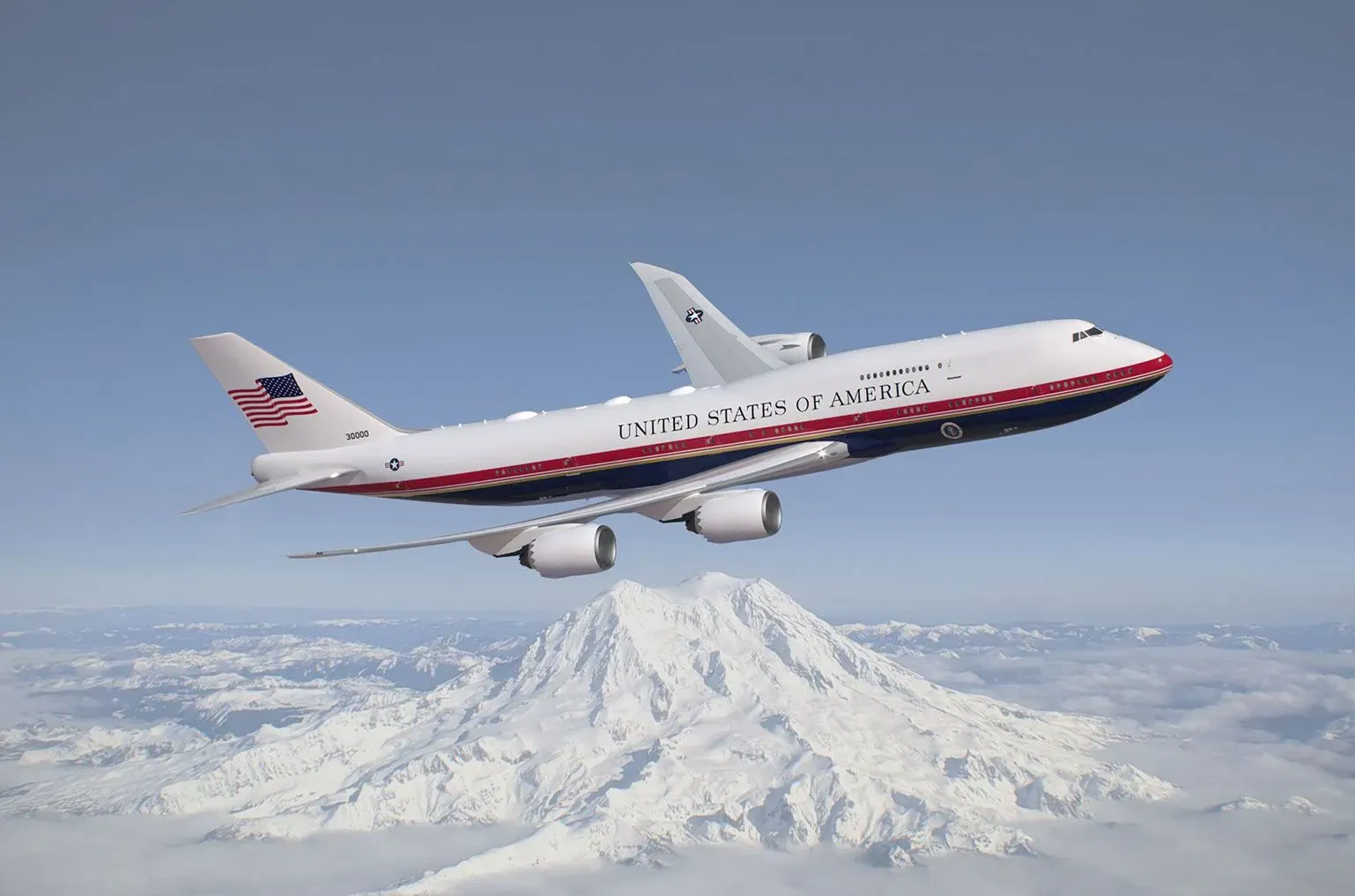 تصميم طائرة الرئاسة الأمريكية الجديدة من طراز بوينج 747-800، باللونين الأحمر والأبيض والأزرق الداكن، مع العلم الأمريكي على الذيل.