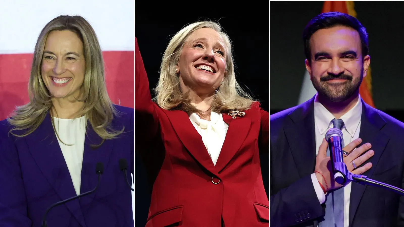 ثلاثة سياسيين بارزين، أبيغيل سبانبرغر وميكي شيريل وزهران ممداني، يحتفلون بفوزهم في الانتخابات، مما يعكس تراجع دعم ترامب.