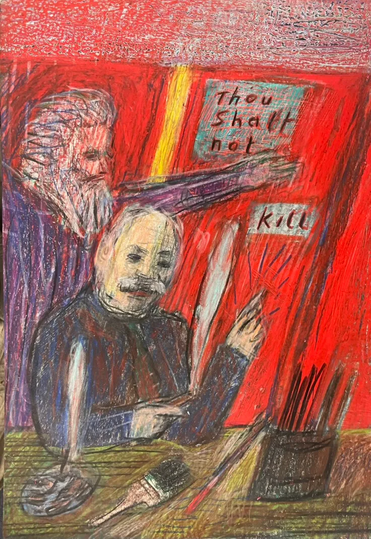 رسم فني يظهر شخصية تُشير إلى لافتة مكتوب عليها "لا تقتل"، مع شخصية أخرى تحمل قلمًا، تعكس موضوع الإبادة الجماعية.