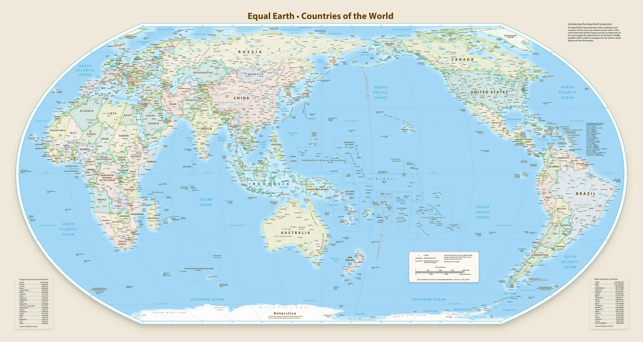 خريطة Equal Earth تظهر حجم الدول بشكل دقيق، مصححة تشويه خريطة Mercator التي تقلل من حجم أفريقيا وأمريكا اللاتينية.