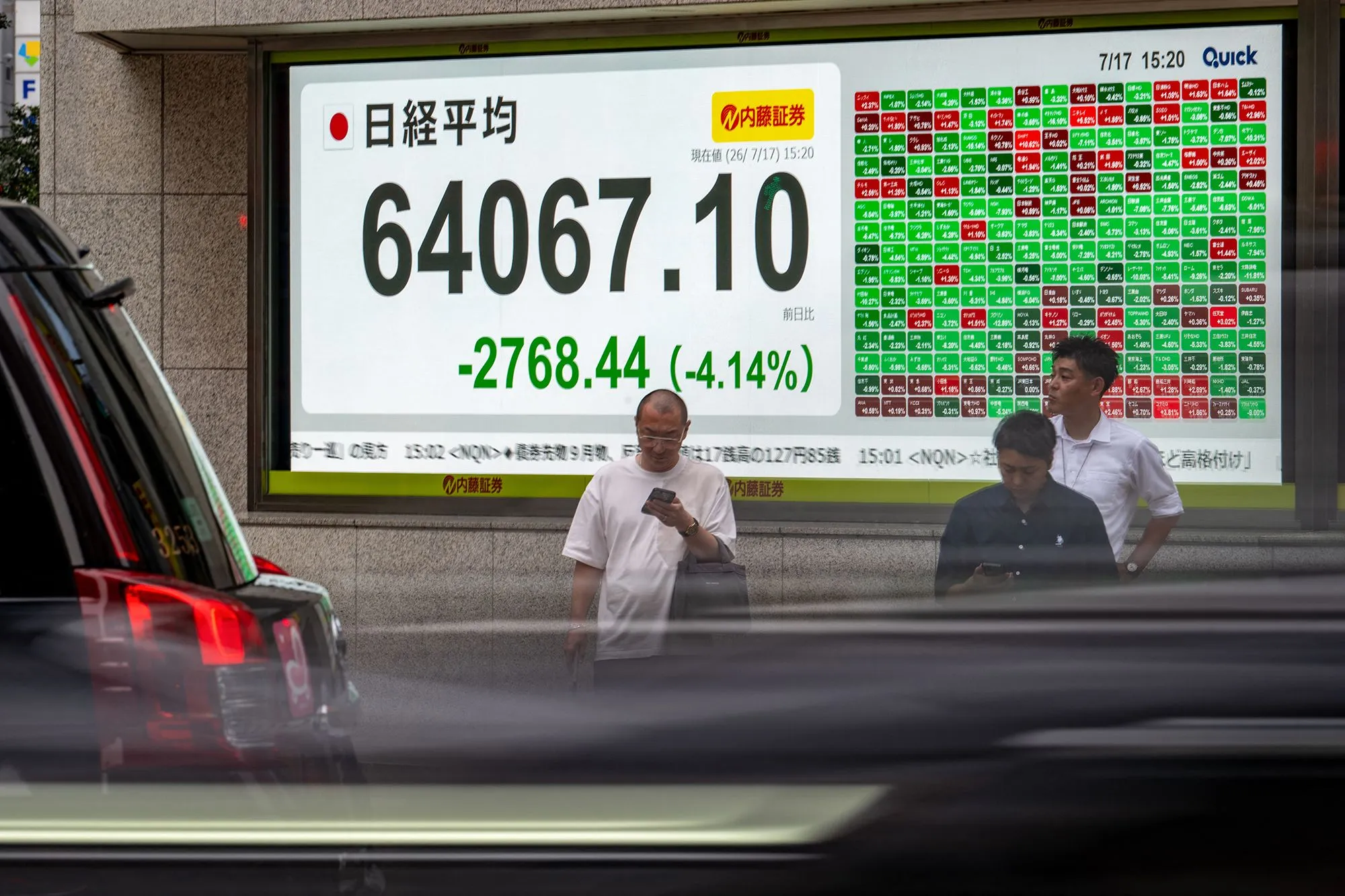 شاشة تعرض تراجع مؤشر نيكي الياباني بنسبة 4.14% وسط تداولات متقلبة في أسواق الأسهم الآسيوية بعد تقدم تقني في الذكاء الاصطناعي الصيني.